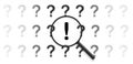 Search answer idea, problem solution concept. Exclamation point between question marks icon pattern. Magnifying glass Royalty Free Stock Photo