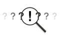 Search answer idea, problem solution concept. Exclamation point between question marks icon pattern. Magnifying glass Royalty Free Stock Photo