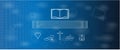 Search bar on virtual screen interface computer with church icons. Religion technology concept. Copy space text