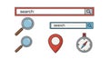 Search bars, magnifying glasses, location pin, compass symbols Royalty Free Stock Photo