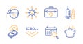 Search calendar, First aid and Coffee pot icons set. Multichannel, Cashback and Scroll down signs. Vector