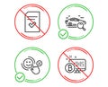 Search car, Checked file and Customer satisfaction icons set. Bitcoin system sign. Vector