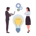 Search for creative idea by employees, man and woman with laptop and light bulb, gears Royalty Free Stock Photo