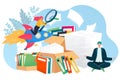 Search document concept, vector illustration, archive management design, tiny flat man worker character sit near folders Royalty Free Stock Photo