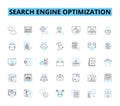 Search engine optimization linear icons set. Ranking, Keywords, Algorithm, Backlinks, Meta, Analytics, Traffic line