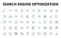 Search engine optimization linear icons set. Ranking, Keywords, Algorithm, Backlinks, Meta, Analytics, Traffic vector