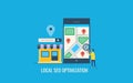 Local seo optimization, search optimization for local business, user searching local shop on mobile. Flat design vector banner.