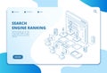 Search engine ranking landing page. Seo marketing and analytics, online ranking result. Internet strategy 3d isometric