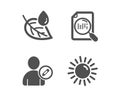 Search file, Edit user and Leaf dew icons. Sun sign. Find document, Profile data, Water drop. Summer. Vector