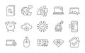 Search files, Laptop and 5g wifi icons set. Notebook service, Swipe up and Cloud computing signs. Vector