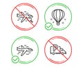 Search flight, Air balloon and Airplane icons set. Truck parking sign. Find travel, Sky travelling, Plane. Vector