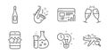 Search flight, Champagne and Champagne glasses icons set. Chemistry flask, Time management and Jazz signs. Vector Royalty Free Stock Photo