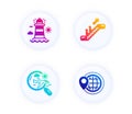 Search flight, Lighthouse and Escalator icons set. World travel sign. Airplane trip, Beacon tower, Elevator. Vector