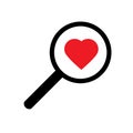 Search heart and love icon, vector. Magnifying glass with heart inside.