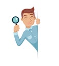 Search Help Looking Out Corner Cartoon Businessman Character Icon Magnifying Glass Symbol Retro Vintage Design Vector Royalty Free Stock Photo