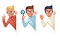 Search Help Looking Out Corner Cartoon Businessman Character Icon Magnifying Glass Symbol Retro Vintage Design Vector Royalty Free Stock Photo