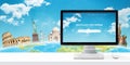 Search for holiday online concept with computer display and famous world sites behind the globe