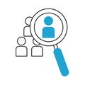 Search icon, hiring and recruitment magnifying glass blue line and fill