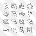 Search icons, smartphone technology email laptop check mark thin line style