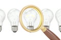 Search ideas concept with magnifier and lightbulbs, 3D rendering