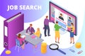 Search job, isometric vector illustration. Employment work, man woman character look at online candidate resume at