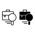 Search job line and glyph icon. Briefcase and magnifying glass vector illustration isolated on white. Portfolio and lens