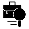 Search job solid icon. Briefcase and magnifying glass vector illustration isolated on white. Portfolio and lens glyph Royalty Free Stock Photo