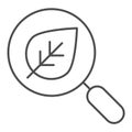 Search with leaf thin line icon. Magnifying glass and plant vector illustration isolated on white. Eco search outline Royalty Free Stock Photo