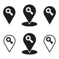 Search location icon. Map pin symbol. Magnifier inside marker. Vector black illustration.