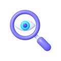 Search loupe icon in 3d style, on white background. Zoom tool. Eye in magnifier. Vector design object for you project