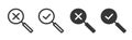 Search magnifier glass check mark icon vector simple graphic pictogram set, review verify pass tick and declined error cross