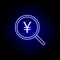 search magnifier yuan icon in neon style. Element of finance illustration. Signs and symbols icon can be used for web, logo,