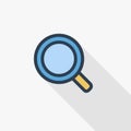 Search, magnifying glass thin line flat color icon. Linear vector symbol. Colorful long shadow design.