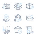 Search mail, Parcel tracking and Boiling pan icons set. Cogwheel, Bumper cars and Heart signs. Vector