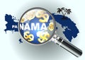 Search money in offshore. Magnifying glass illustration, design over a Panama map.