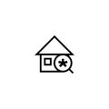 Search new house icon. home with magnifying glass and asterisk symbol. simple clean thin outline style design.