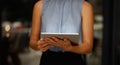 Search, night and tablet with hands of business woman in office for planning, digital and technology. Social media Royalty Free Stock Photo