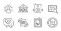 Search photo, Speakers and Marketing icons set. Stop talking, Chemistry experiment and Court building signs. Vector
