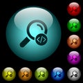 Search programming code icons in color illuminated glass buttons Royalty Free Stock Photo
