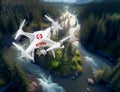 Search And Rescue Unmanned Aircraft System, UAS Drone Above A Raging Mountain River - Generative AI Royalty Free Stock Photo