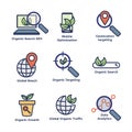 Search and SEO Web Header Hero Image Banner with organic growth, search, and locality ideas icon set