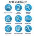 Search and SEO Web Header Hero Image Banner with organic growth, search, and locality ideas icon set