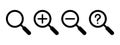 search symbol set, magnifying glass symbol, black line vector icon, plus, minus, question mark, search or zoom button Royalty Free Stock Photo