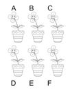 Search the twins between six cartoon flowers, game, black and white, isolated Royalty Free Stock Photo