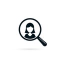 Search for woman resource icon. Looking for employee worker. Search female vector icon. Magnifying glass with girl