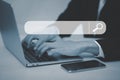 Searching Browsing Internet Data Information with blank search bar. man`s hands are using a computer keyboard to Searching for inf Royalty Free Stock Photo