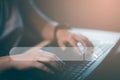 Searching Browsing Internet Data Information with blank search bar. man`s hands are using smartphone and keyboard to Searching fo Royalty Free Stock Photo