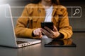 Searching Browsing Internet Data Information Networking Concept. with mobile and computer virtual icon in office Royalty Free Stock Photo