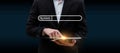 Searching. business man hand touching on digital mobile tablet with visual screen search button on dark background Royalty Free Stock Photo