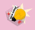 Searching or buying new ideas concept with bulb lamp as idea in outlined shopping cart isolated on pink background. Vector